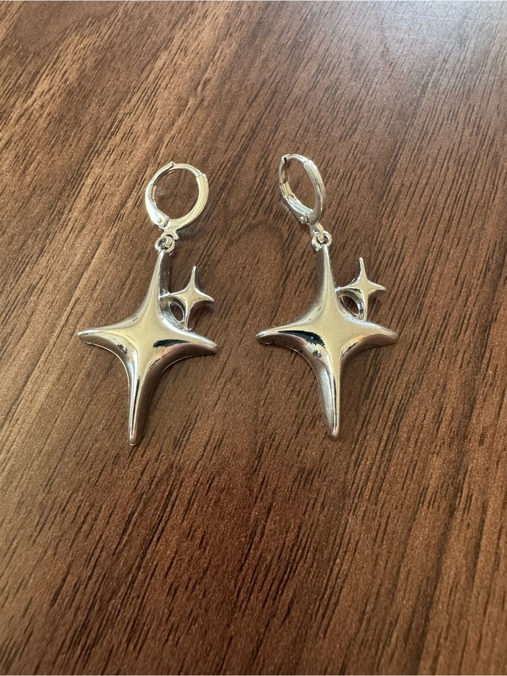 Silver Starburst Drop Earrings - Sleek Shiny Silver